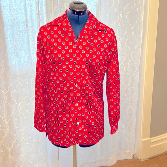 Vintage 70s Polyester Button Down Blouse Red Flowers - Picture 1 of 7